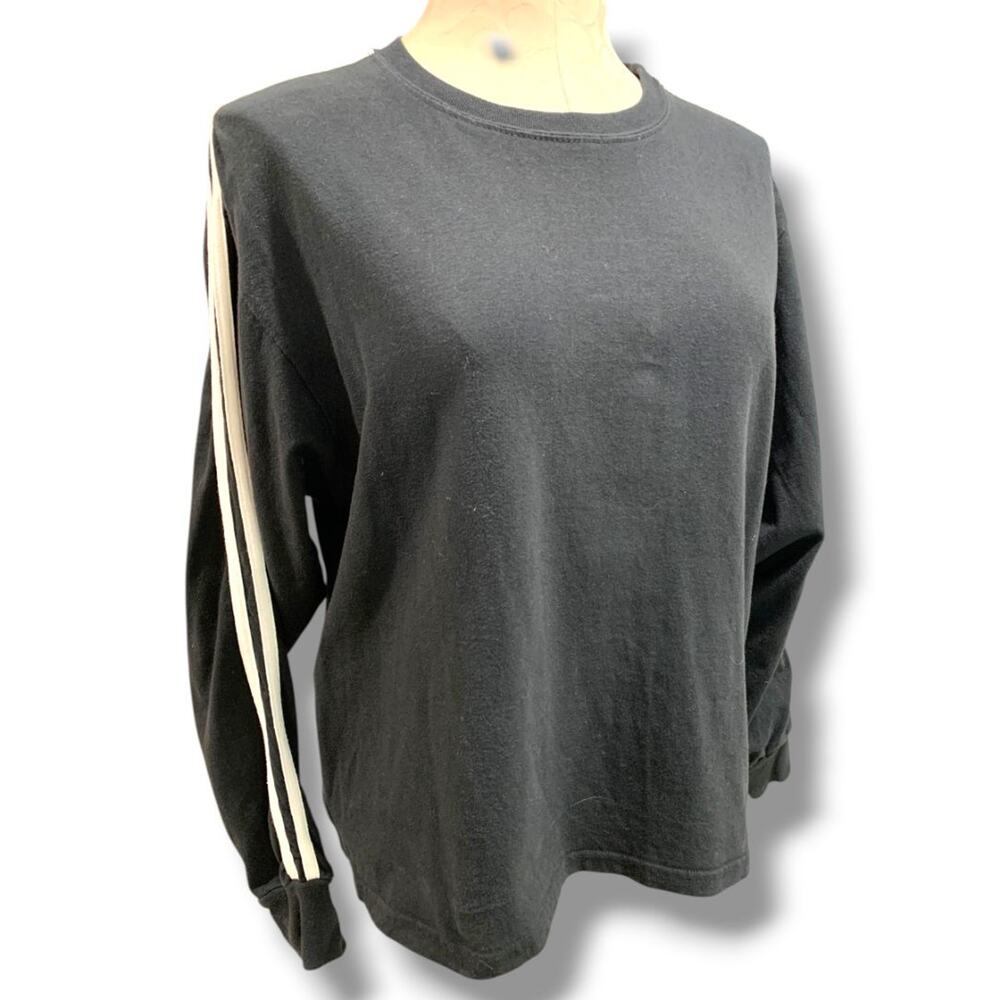 Small‎ John Galt Womens Black Pullover Shirt Two White Sleeve Stripes
